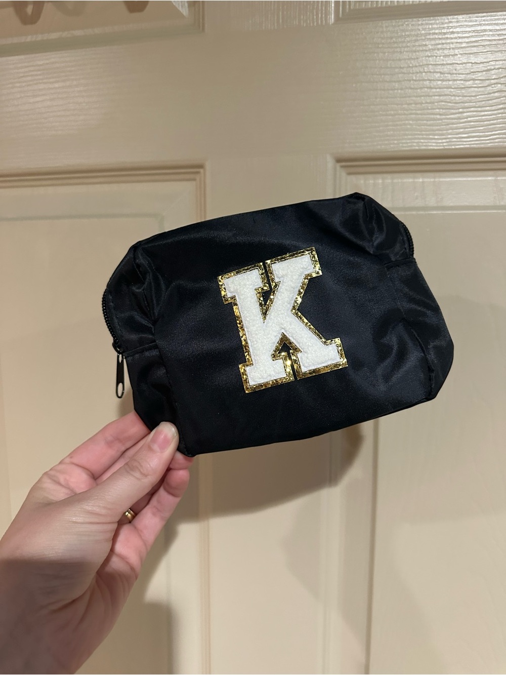 Black Initial 'K' Cosmetic Pouch with Gold Trim
